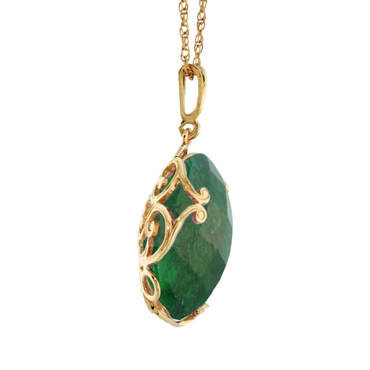 14K Solid Yellow Gold Necklace w/ Checkerboard Cut Round Dyed Green Sapphire