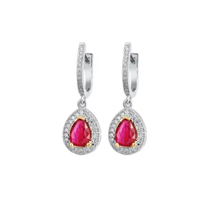 14K White and Yellow Gold Pear Ruby with Diamond Halo Hoop Earrings