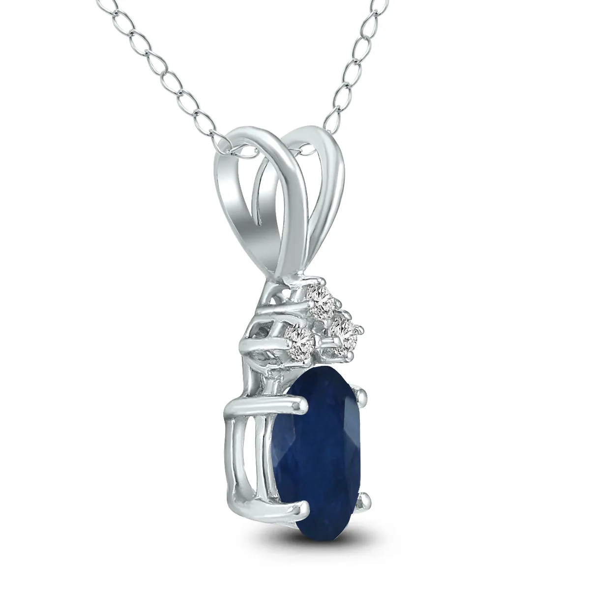 14K White Gold 5X3Mm Oval Sapphire And Three Stone Diamond Pendant