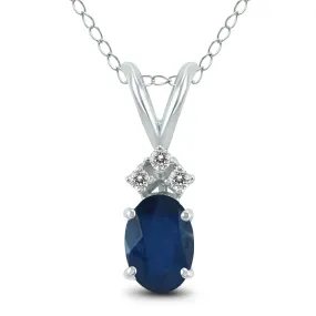 14K White Gold 5X3Mm Oval Sapphire And Three Stone Diamond Pendant