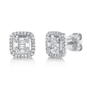 14K White Gold Baguette & Round Diamond Stud Earrings