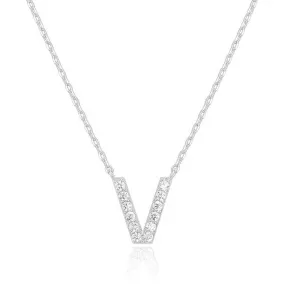 14k White Gold Created White Sapphire Initial V Letter Pendant Necklace Plated