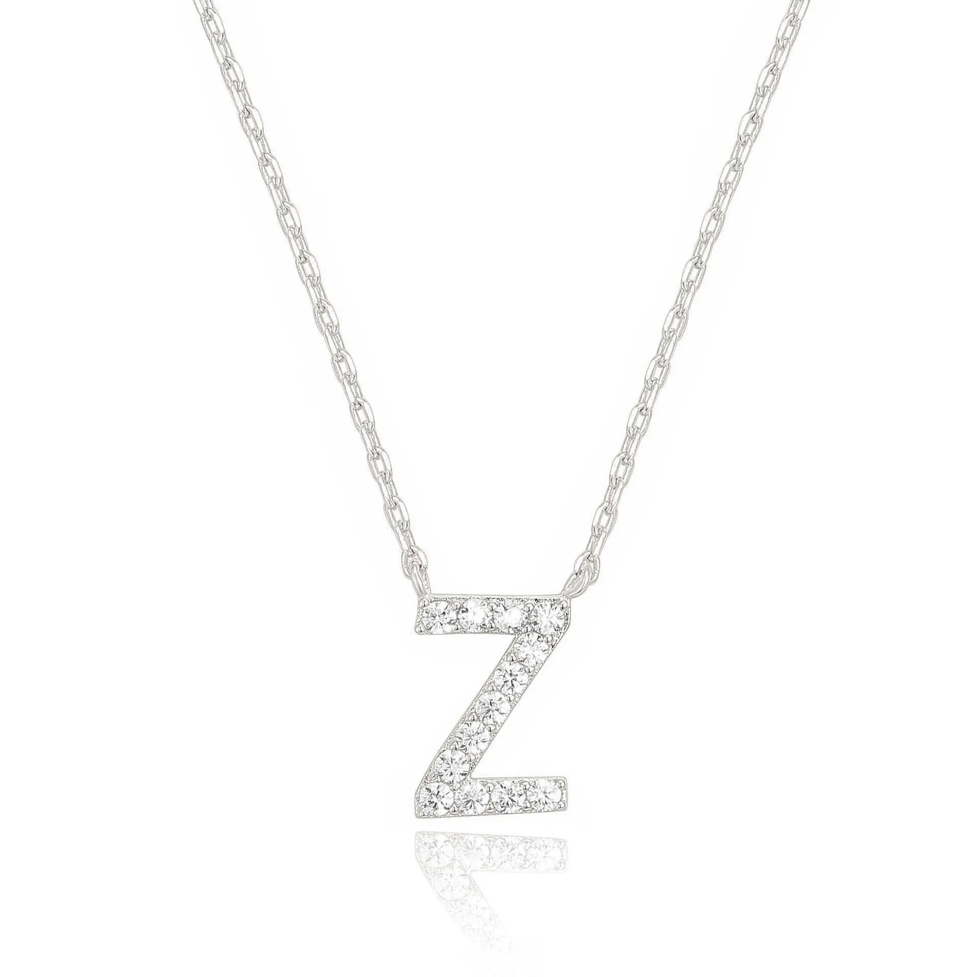 14k White Gold Created White Sapphire Initial Z Letter Pendant Necklace Plated