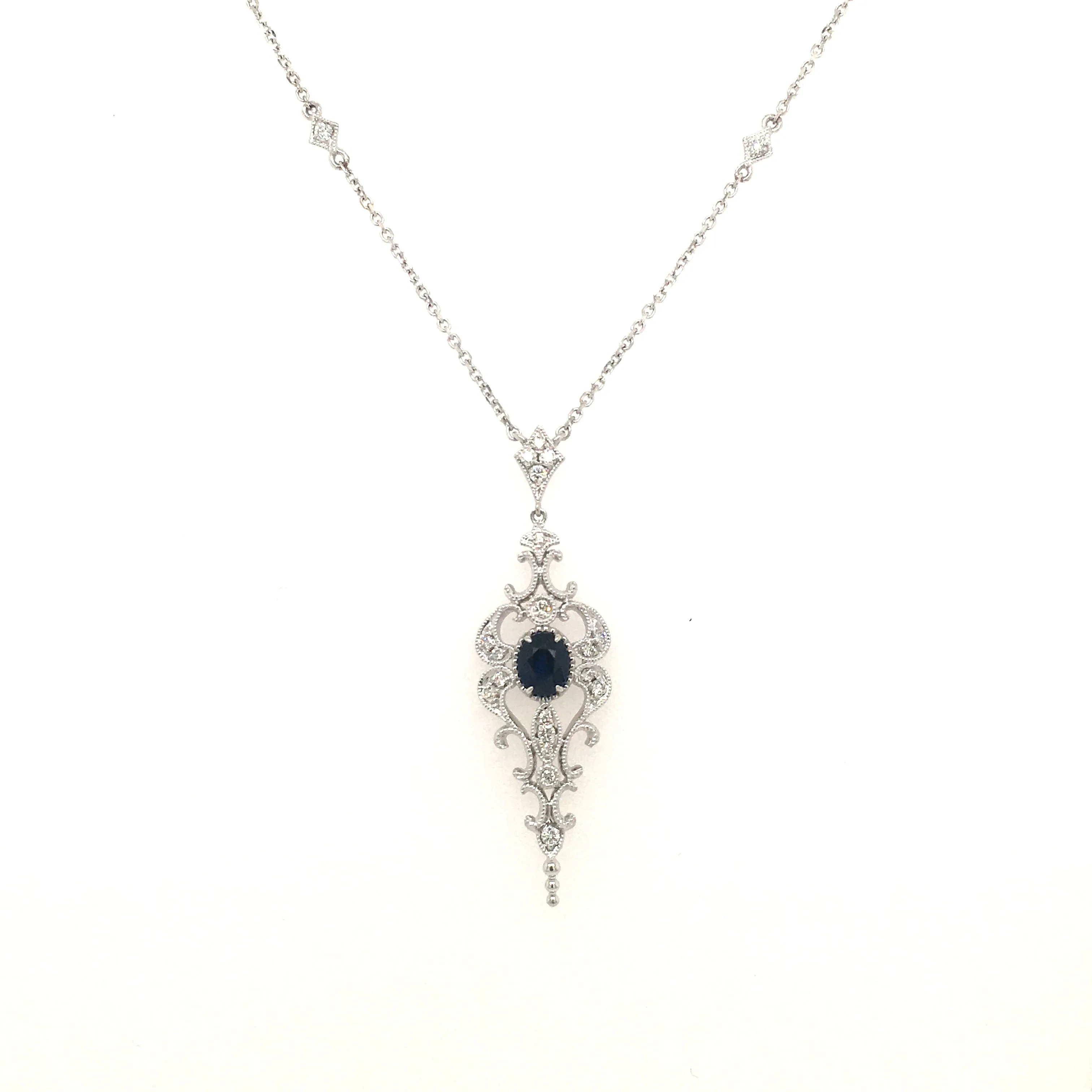 14K White Gold Filigree Necklace With Oval Sapphire and Diamonds