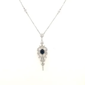 14K White Gold Filigree Necklace With Oval Sapphire and Diamonds