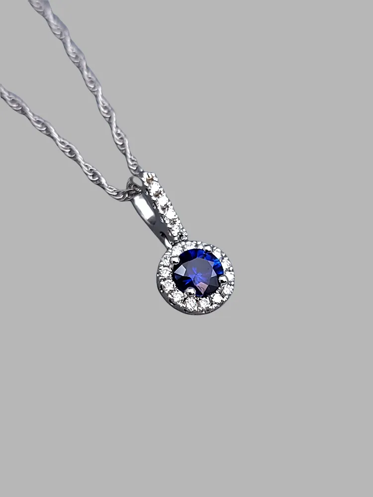 14K White Gold Sapphire Diamond Pendant