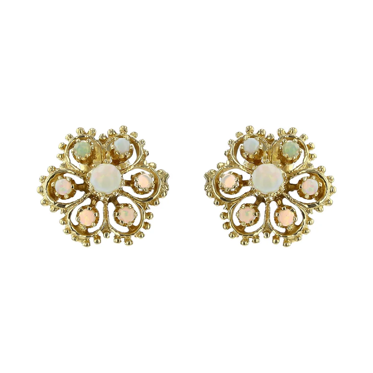 14K Yellow Gold Cabochon Opal Sunburst Earrings