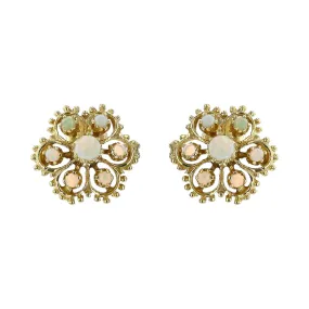 14K Yellow Gold Cabochon Opal Sunburst Earrings