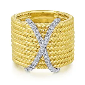 14K Yellow Gold Diamond X Twisted Multi Band Ring