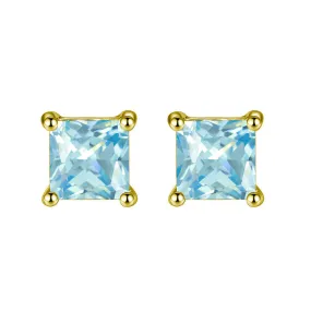 14k Yellow Gold Plated 2 Carat Princess Cut Created Blue Topaz Sapphire Stud Earrings