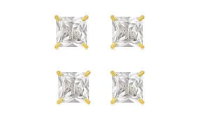 14k Yellow Gold Plated 2Ct Square Cut White Sapphire Set Of Two Stud Earrings