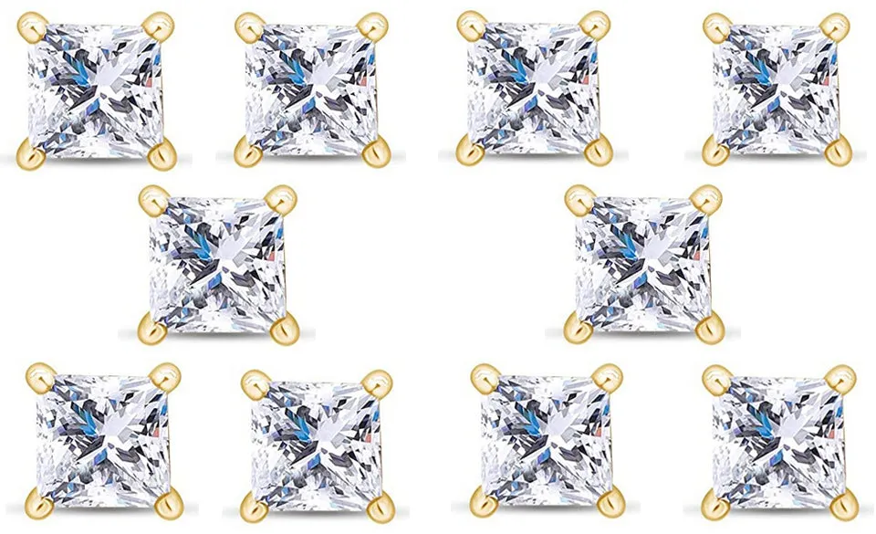 14k Yellow Gold Plated 4Ct Princess Cut White Sapphire Set Of Five Stud Earrings