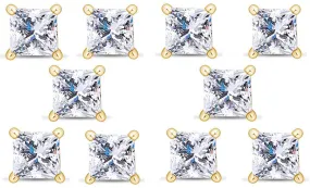 14k Yellow Gold Plated 4Ct Princess Cut White Sapphire Set Of Five Stud Earrings