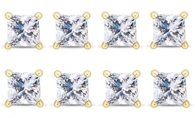 14k Yellow Gold Plated 6mm 2Ct Princess Cut White Sapphire Set Of Four Stud Earrings