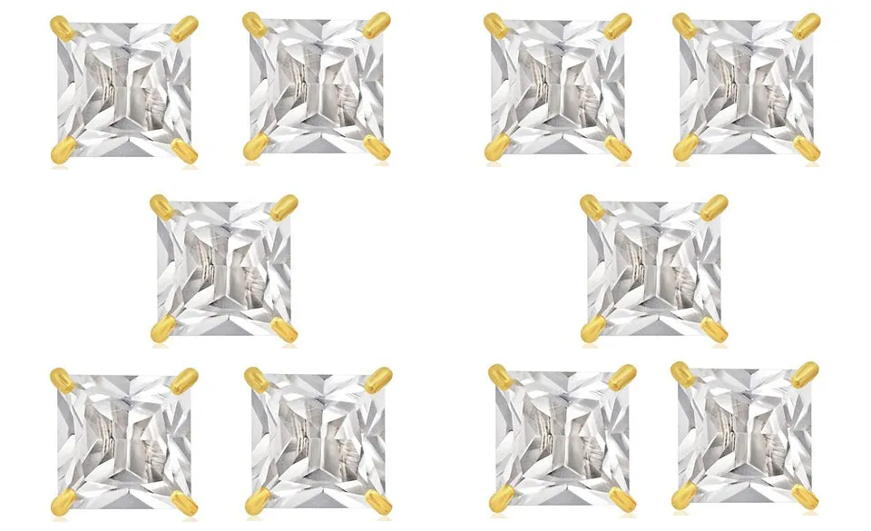 14k Yellow Gold Plated 6mm 2Ct Square Cut White Sapphire Set Of Five Stud Earrings