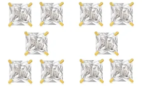 14k Yellow Gold Plated 6mm 2Ct Square Cut White Sapphire Set Of Five Stud Earrings