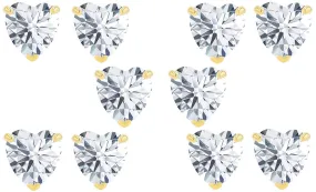 14k Yellow Gold Plated 6mm 3Ct Heart White Sapphire Set Of Five Stud Earrings