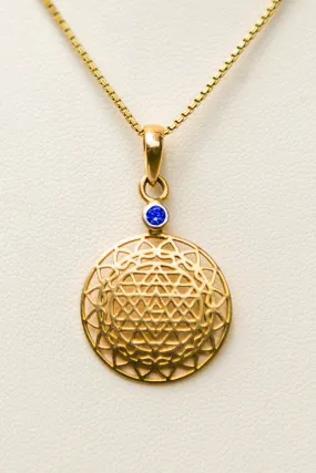 14kt Gold Sri Yantra Pendant Mounted with Blue Sapphire on 18kt Gold Chain