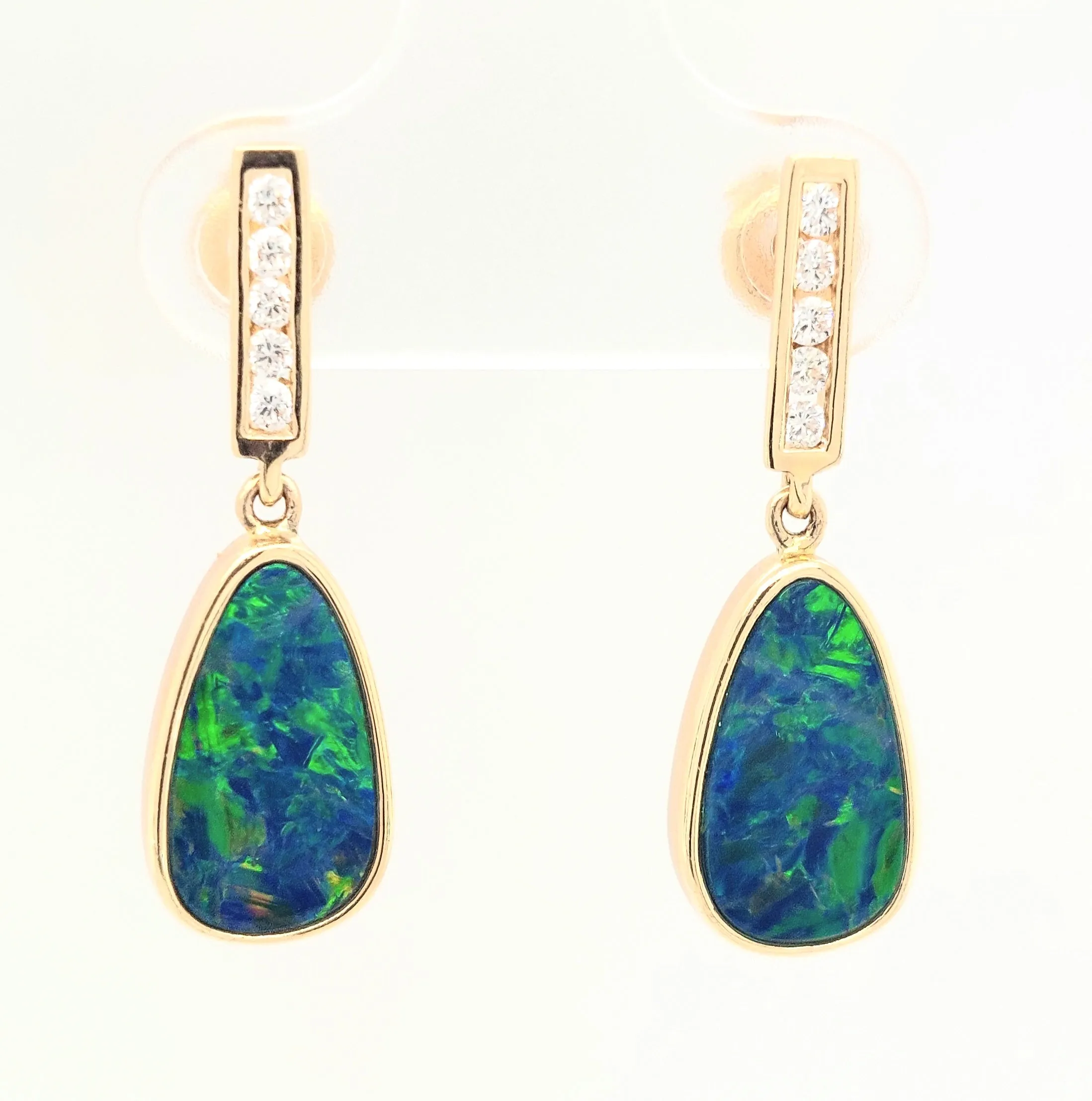 14KY Australian Opal Doublet & Diamond Dangle Earring Pair