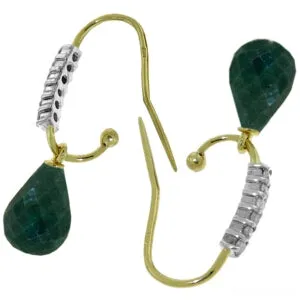 17.78 Carat 14K Solid Yellow Gold Fish Hook Earrings Diamond Emerald