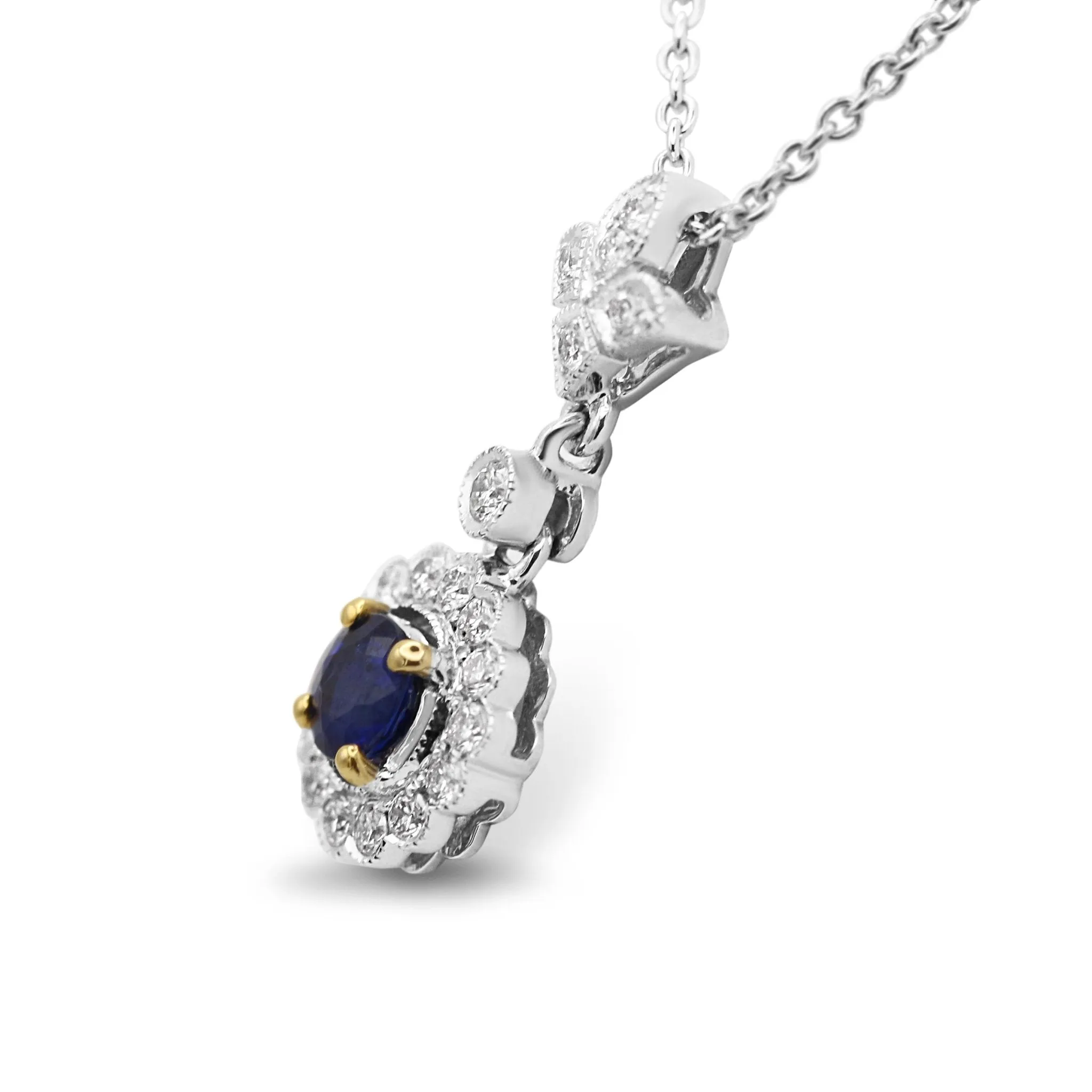 18ct White Gold Diamond & Sapphire Drop Pendant Necklace 17"