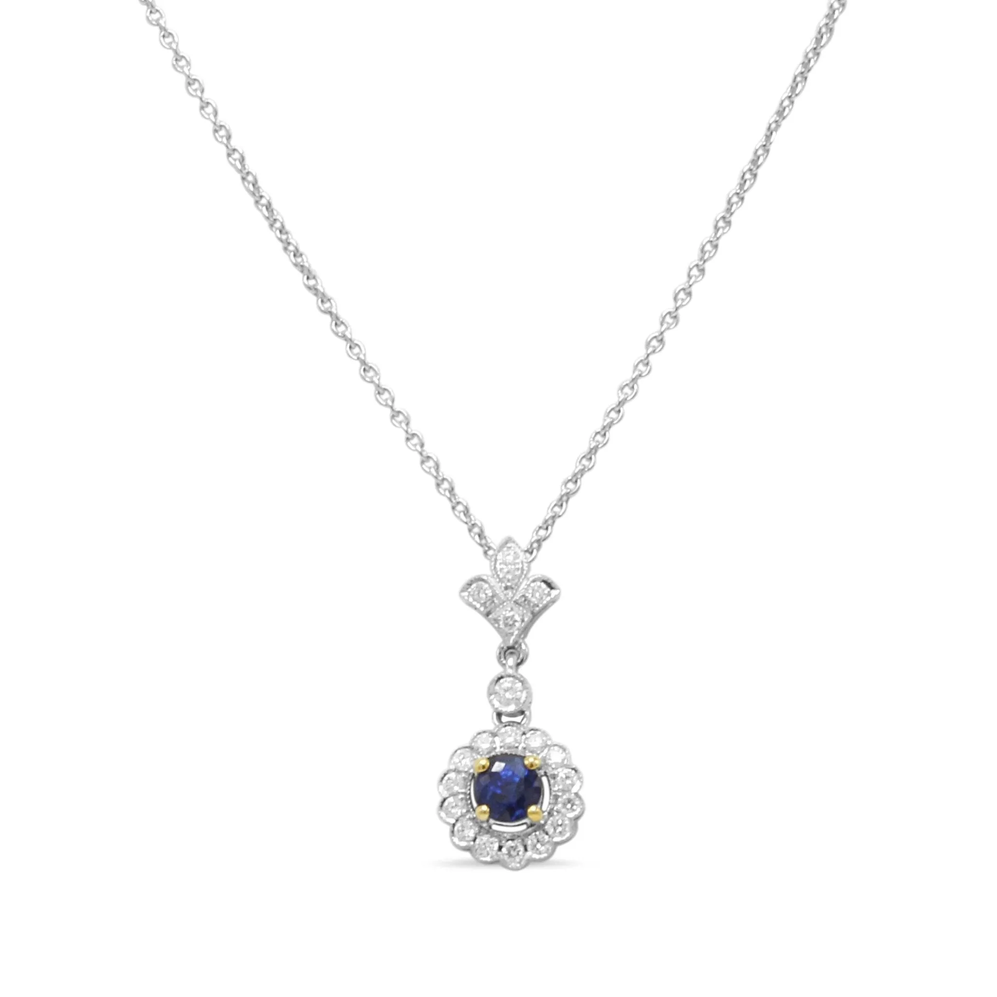 18ct White Gold Diamond & Sapphire Drop Pendant Necklace 17"