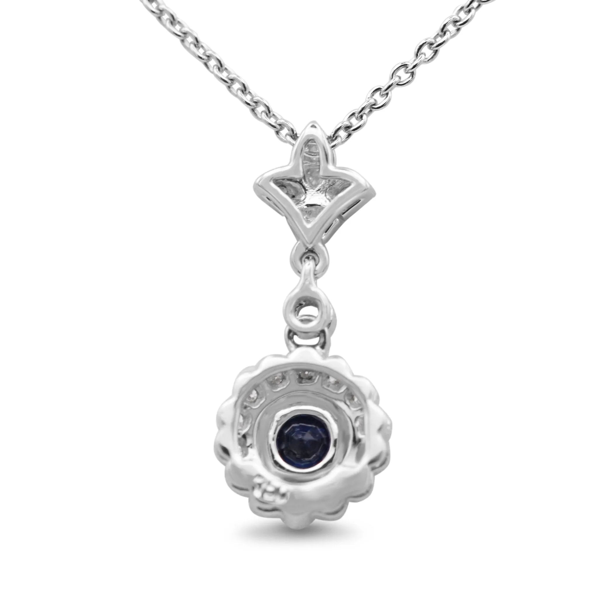 18ct White Gold Diamond & Sapphire Drop Pendant Necklace 17"