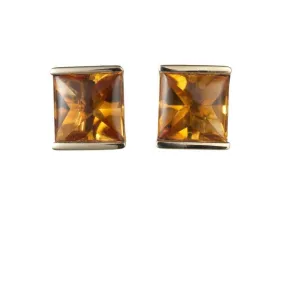 18ct Yellow Gold Half Bezel Set Square Cut Citrine Stud Earrings