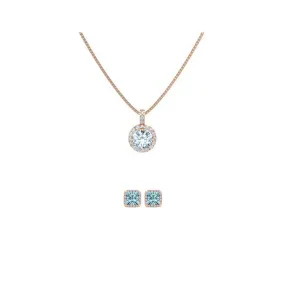 18K Rose Gold 1/2ct Halo Aquamarine Round 18 Inch Necklace and Halo Square Earrings Set Plated