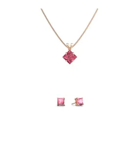 18K Rose Gold 1/2ct Pink sapphire Square 18 Inch Necklace and Earrings Set Plated