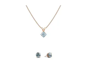 18K Rose Gold 1ct Aquamarine Princess Cut 18 Inch Necklace and Round Earrings Set Plated