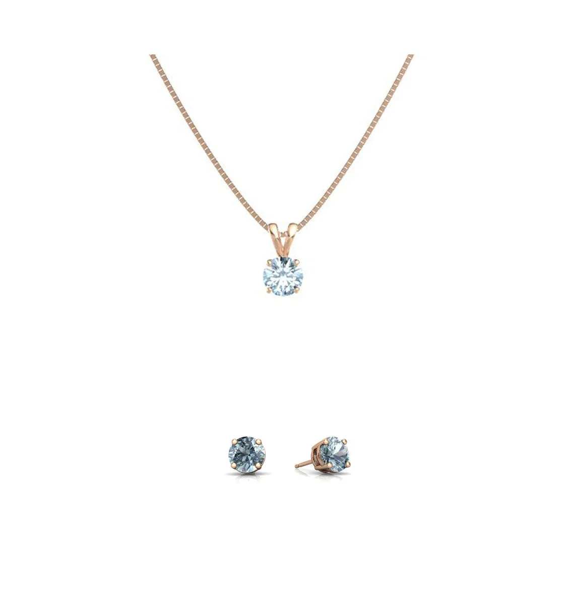 18K Rose Gold 2ct  Aquamarine Round 18 Inch Necklace and Earrings Set Plated