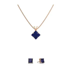 18K Rose Gold 2ct Blue Sapphire Square 18 Inch Necklace and Earrings Set Plated