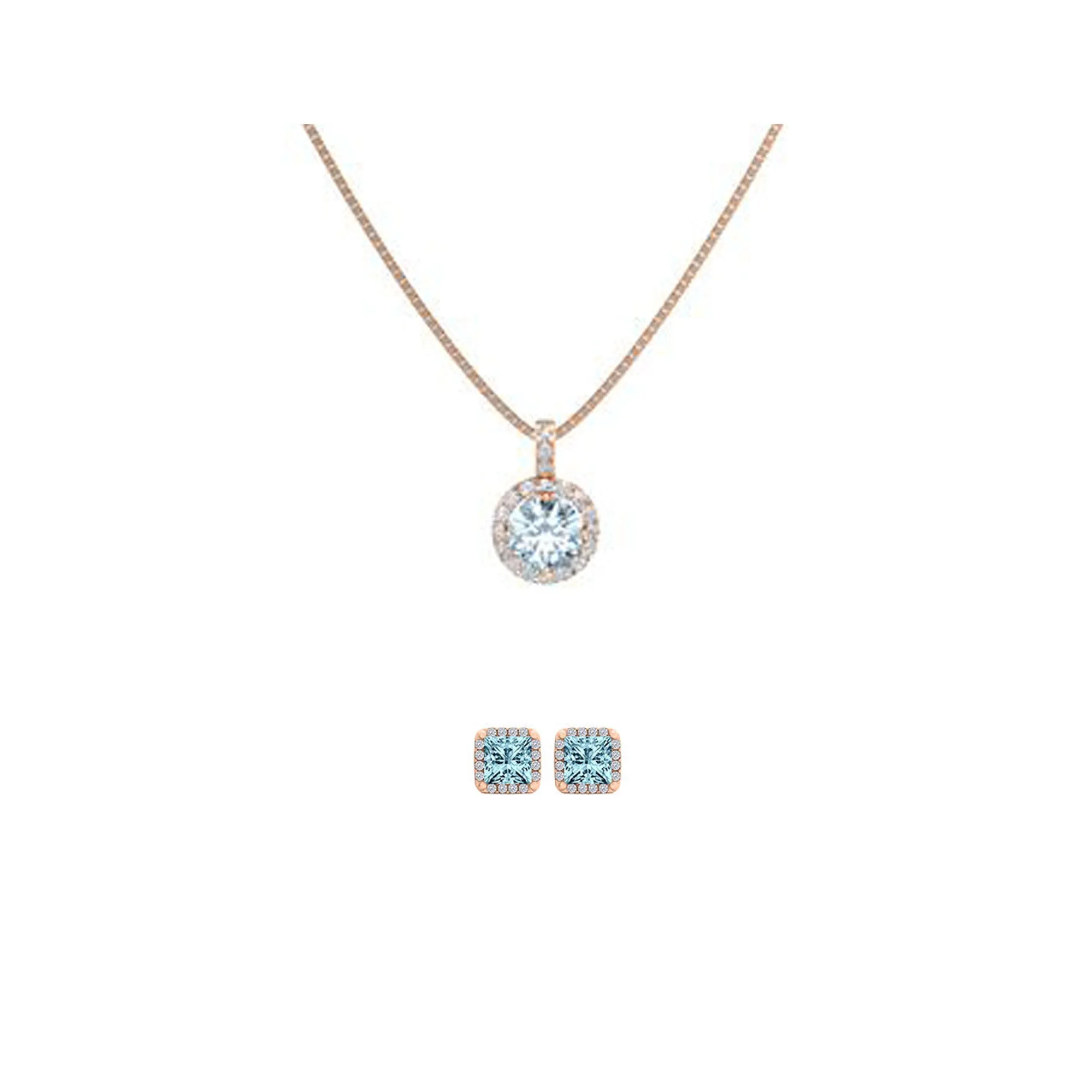 18K Rose Gold 2ct Halo Aquamarine Round 18 Inch Necklace and Halo Square Earrings Set Plated