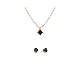 18K Rose Gold 4ct Black Sapphire Square 18 Inch Necklace and Round Earrings Set Plated