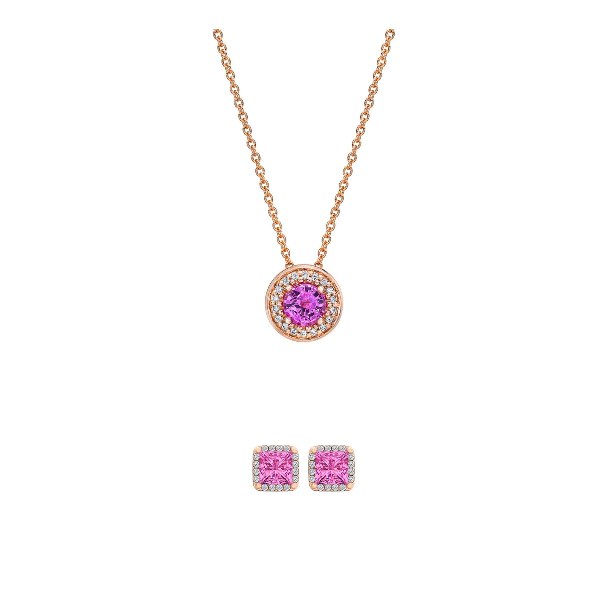 18K Rose Gold 4ct Halo Pink Sapphire Round 18 Inch Necklace and HaloSquare Earrings Set Plated