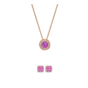 18K Rose Gold 4ct Halo Pink Sapphire Round 18 Inch Necklace and HaloSquare Earrings Set Plated