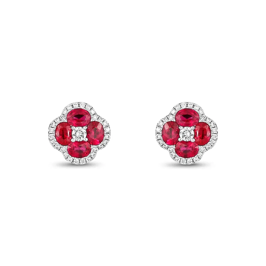 18K Ruby and Diamond Quad Diamond Stud Earrings