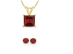 18K Yellow Gold 1ct Garnet Square 18 Inch Necklace and Round Earrings Set Plated