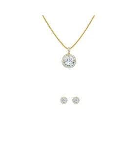 18K Yellow Gold 2ct Halo White Sapphire Round 18 Inch Necklace and Halo Earrings Set Plated