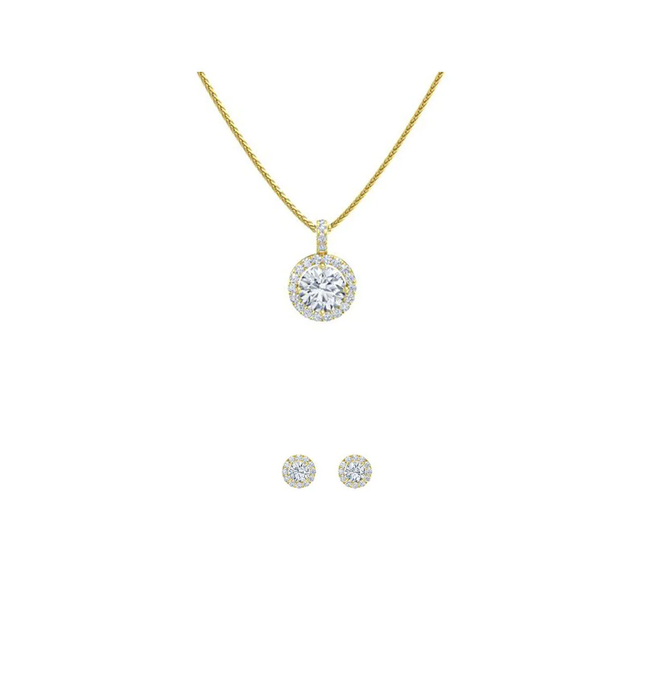 18K Yellow Gold 2ct Halo White Sapphire Round 18 Inch Necklace and Halo Earrings Set Plated