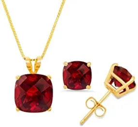 18K Yellow Gold 3ct Garnet Square 18 Inch Necklace and Earrings Set Plated