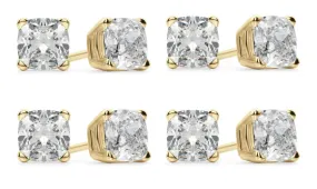 18k Yellow Gold 4mm 1/2Ct Cushion Cut White Sapphire Set Of Four Stud Earrings Plated