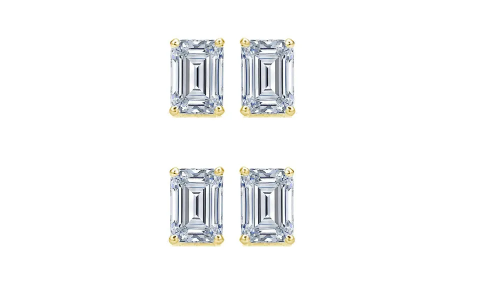 18k Yellow Gold 6mm 1/2Ct Emerald Cut White Sapphire Set Of Two Stud Earrings Plated