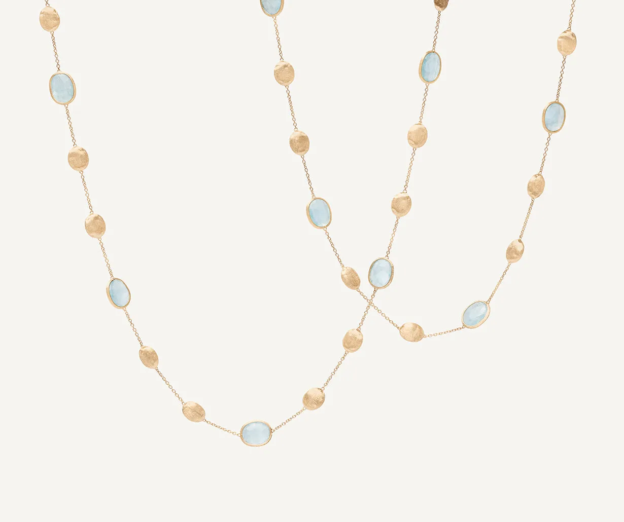 18K Yellow Gold Aquamarine & Gold Long Necklace, Large Bean