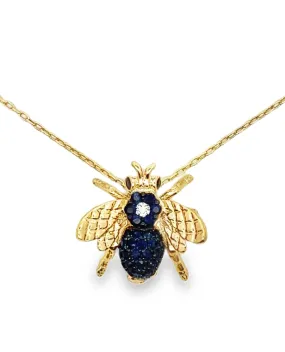 18K Yellow Gold Bee Pendant Necklace with Diamonds & Blue Sapphires