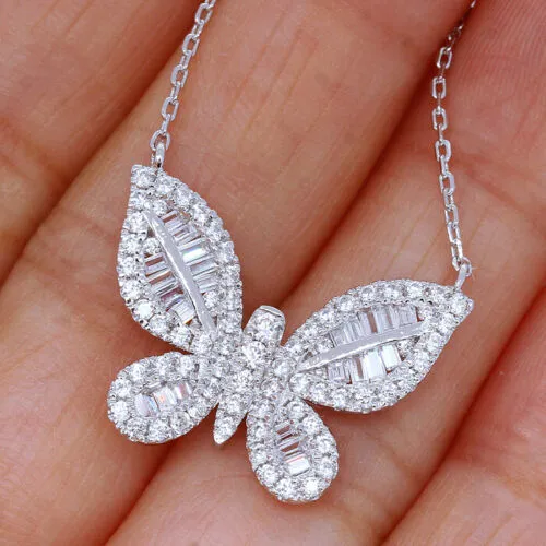 2 CT Sterling Silver Baguette Simulated Diamond Butterfly Necklace