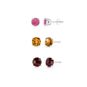 24k White Gold Plated 4Ct Created Pink Sapphire, Citrine and Garnet 3 Pair Round Stud Earrings