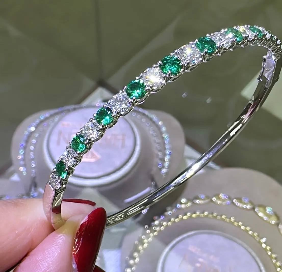 2.90ct t.w. Round Brilliant Cut Diamond and Emerald Prong Set Bangle