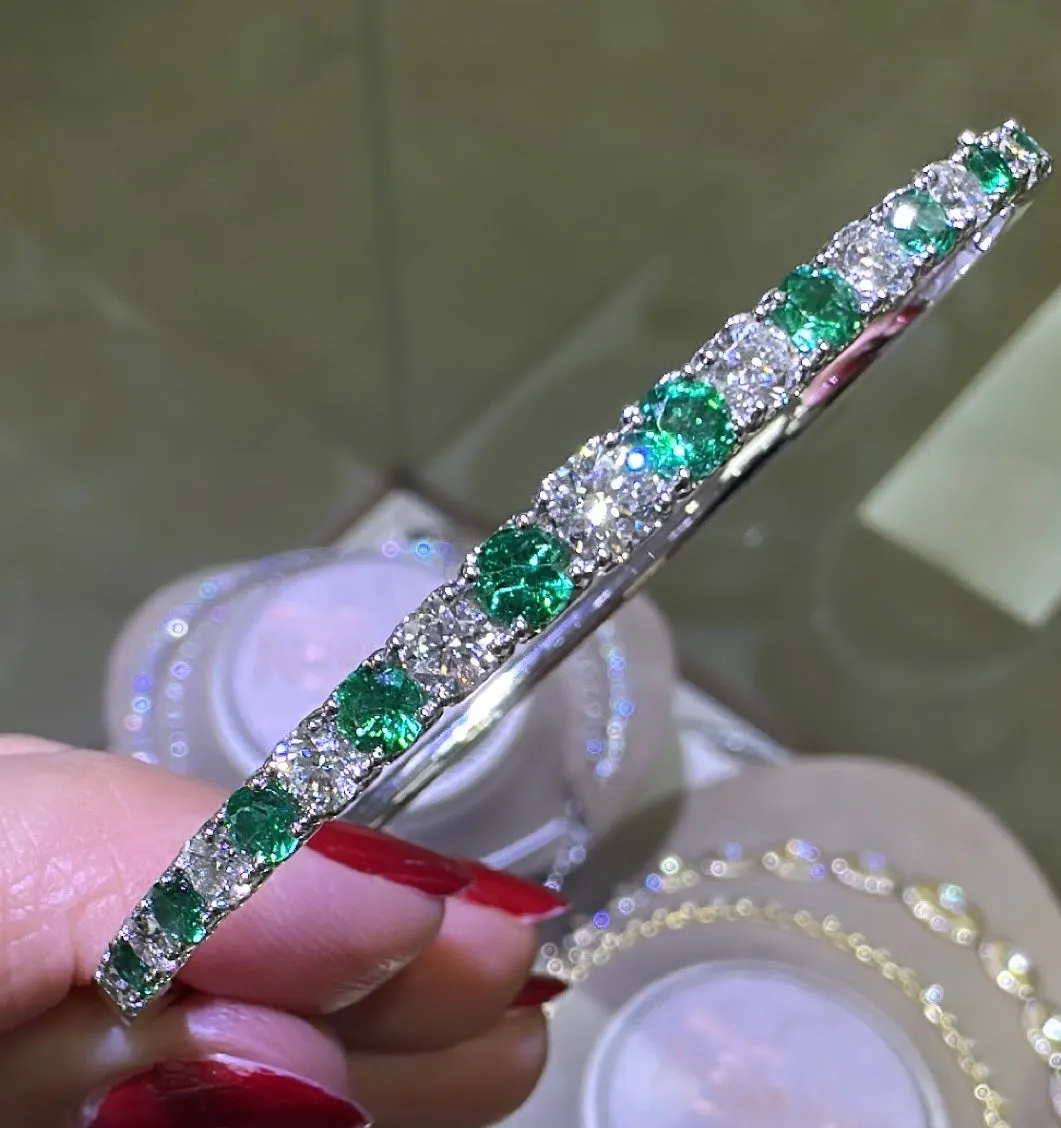 2.90ct t.w. Round Brilliant Cut Diamond and Emerald Prong Set Bangle